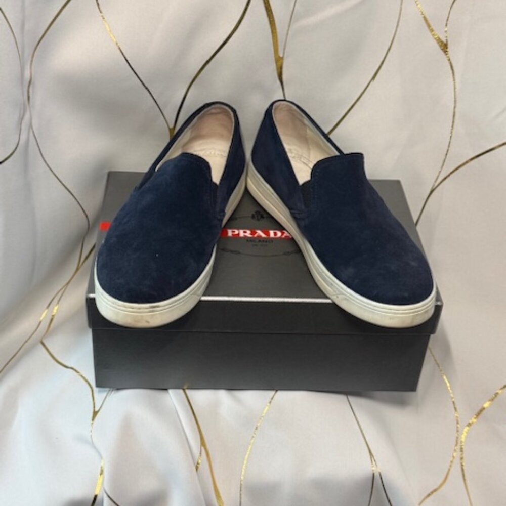 Prada Suede Slip-On Loafers — Blue | Size 40.5